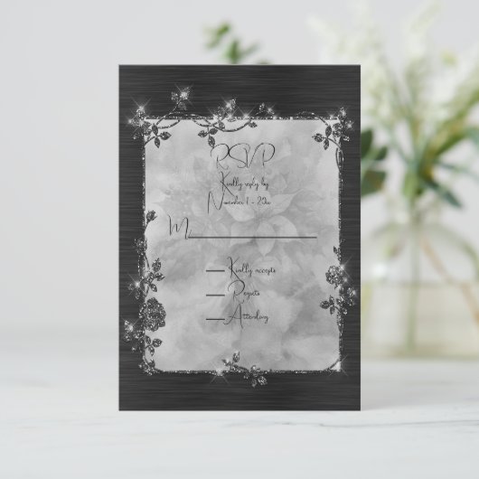 Black Shiny Elegant Sparkly Frame RSVP Kaartje (Staand voorkant)
