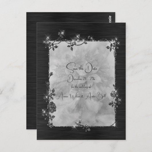 Black Shiny Elegant Sparkly Frame Save the Date Briefkaart (Voorkant / Achterkant)