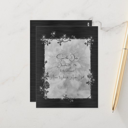 Black Shiny Elegant Sparkly Frame Save the Date Briefkaart (Voorkant / Achterkant in situ)