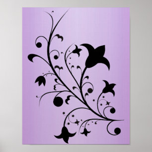 Black Silhouette Abstract Scroll Flowers Paars Poster