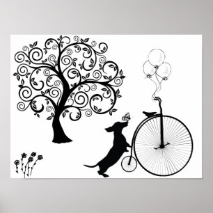 Black Silhouette Dachshund Bicycle Art Poster