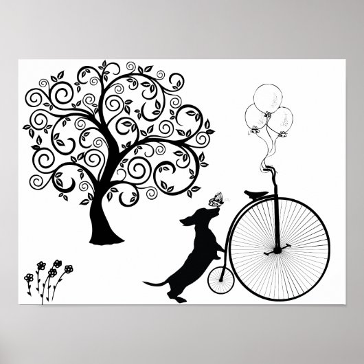 Black Silhouette Dachshund Bicycle Art Poster (Voorkant)