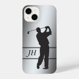 Black Silhouette Golfer op Silver Monogram iPhone 14 Hoesje