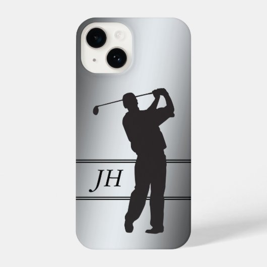 Black Silhouette Golfer op Silver Monogram iPhone Hoesje (Achterkant)