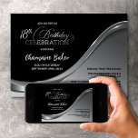 Black Silver 18th Birthday Party Invitation<br><div class="desc">Cette élégante invitation à la fête du 18ème anniversaire, en noir et argent, dégage élégance et raffinement. Son design épuré associe noir et argent, divisé par une vague gracieuse. La zone de texte personnalisable vous permet d'inclure sans effort tous les détails cruciaux pour votre anniversaire spécial, y compris la date,...</div>