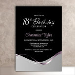 Black Silver 18th Birthday Party Invitation<br><div class="desc">Cette invitation moderne aux fêtes du 18ème anniversaire en noir et argent rayonne d'élégance et de sophistication simples. Son design se décline en noir et argent, séparé par une vague fluide et un ruban rose élégant qui coule d'un côté à l'autre. La zone de texte personnalisable vous permet d'inclure sans...</div>