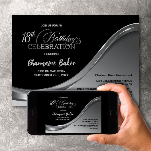 Black Silver 18th Birthday Party Invitation