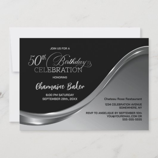 Black Silver 50th Birthday Party Invitation (Devant)