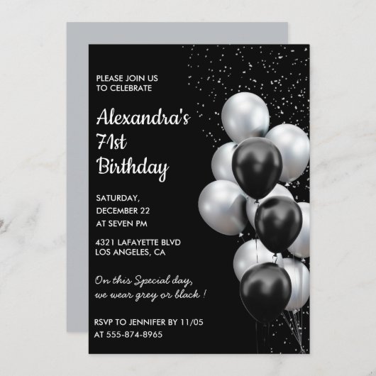 Black Silver 71e anniversaire invitations Ballons (Devant / Derrière)