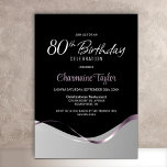 Black Silver 80th Birthday Party Invitation<br><div class="desc">Cette invitation moderne à la fête du 80e anniversaire en noir et argent rayonne d'élégance et de sophistication simples. Son design se décline en noir et argent, séparé par une vague fluide et un ruban rose élégant qui coule d'un côté à l'autre. La zone de texte personnalisable vous permet d'inclure...</div>