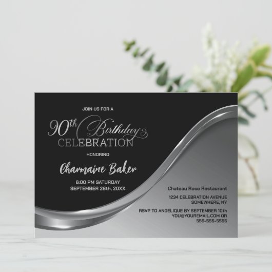 Black Silver 90th Birthday Party Invitation (Debout devant)