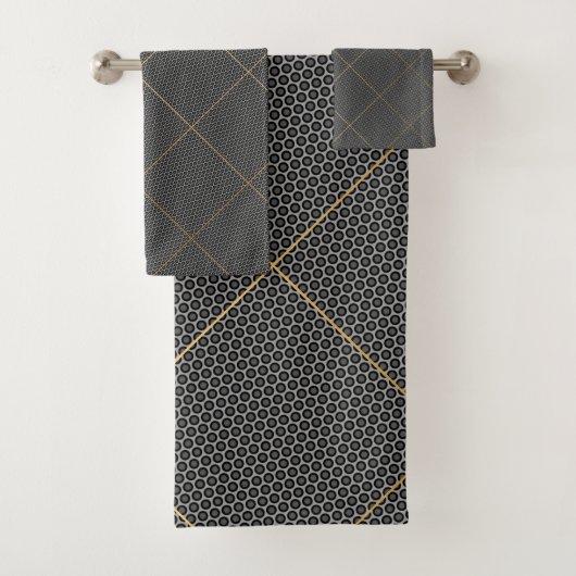 BLACK SILVER ABSTRACT CIRCLES GRID BATH TOWEL SET (En situation)