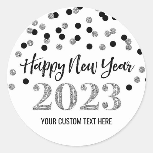 Black Silver Confetti Happy Nieuwjaar 2023 Ronde Sticker (Voorkant)