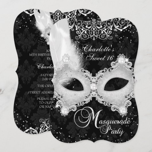 Black Silver Damask Masquerade Sweet 16 Kaart (Voorkant / Achterkant)