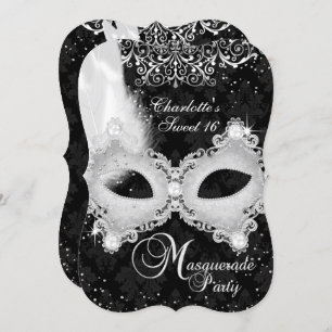 Black Silver Damask Masquerade Sweet 16 Kaart