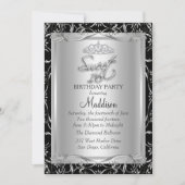 Black Silver Damask & Tiara Sweet 16 Invitation (Devant)