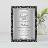 Black Silver Damask & Tiara Sweet 16 Invitation (Debout devant)