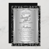 Black Silver Damask & Tiara Sweet 16 Uitnodiging (Voorkant / Achterkant)