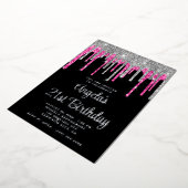 Black Silver Deep Pink Glitter Drips 21st verjaard Folie Uitnodiging (Gedraaid)