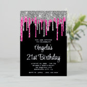 Black Silver Deep Pink Glitter Drips 21st verjaard Folie Uitnodiging (Staand Voorkant)