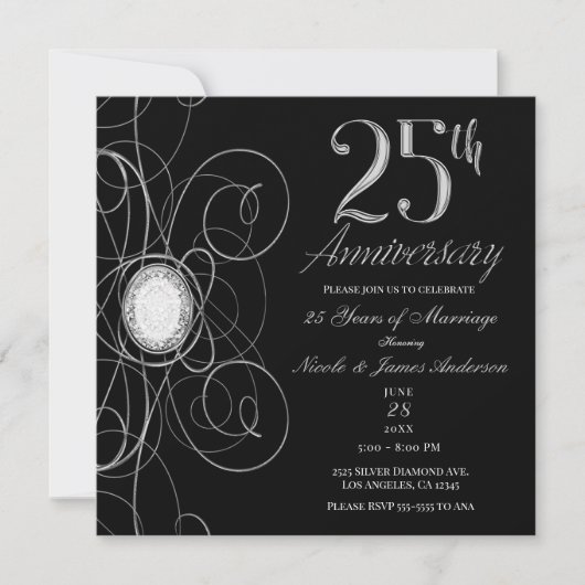 Black & Silver Diamond 25 25e jubileumfeest Kaart (Voorkant)