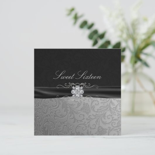 Black & Silver Diamond Sweet16 invite Kaart (Staand voorkant)