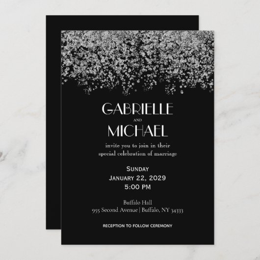 Black & Silver Elegant Faire-part de mariage Abstr (Devant / Derrière)