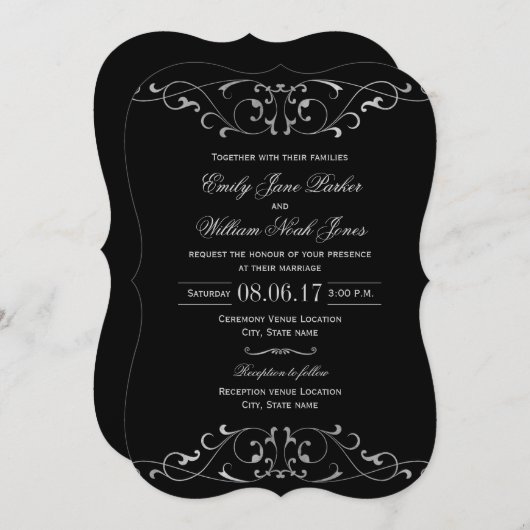 Black Silver Elegant Wedding Invitation (Devant / Derrière)