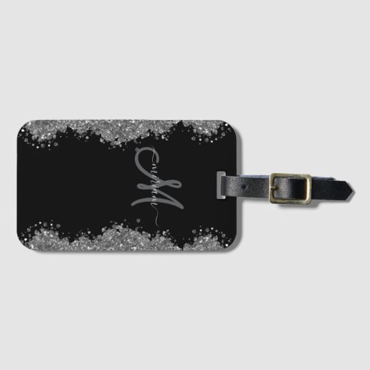 Black Silver Faux Glitter Grey Modern Monogram Bagagelabel (Voorkant (horizontaal))