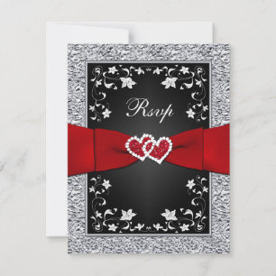 Black Silver Floral Hearts FAUX Foil RSVP