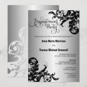 Black Silver Flourish Engagement Party Kaart (Voorkant / Achterkant)
