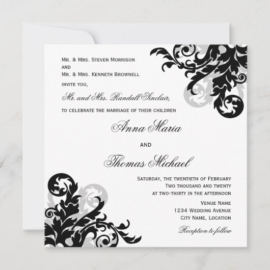 Black Silver Flourish Individual Guest Wedding Kaart (Voorkant)