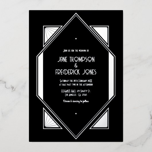 Black & Silver Gatsby Art Deco Wedding Folie Uitnodiging (Voorkant)