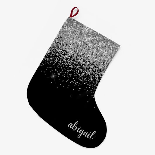 Black Silver Girly Glitter Shimmer Modern Stijlvol Grote Kerstsok (Voorkant (Hangend))