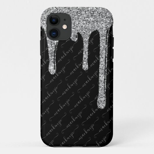 Black Silver Glitter Drips Handgeschreven naam Case-Mate iPhone Case (Achterkant)