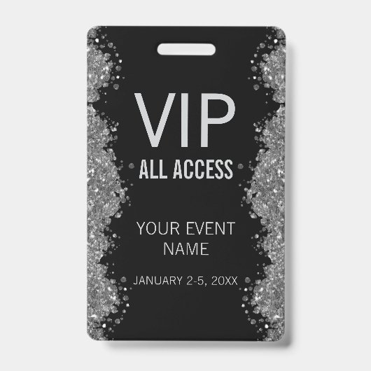 Black Silver Glitter Event VIP All Access Pass ID  Badge (Voorzijde)