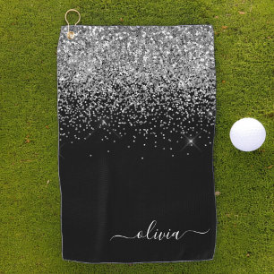 Black Silver Glitter Girly Monogram Naam Golfhanddoek