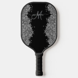 Black Silver Glitter Grey Modern Monogram Pickleball Paddle