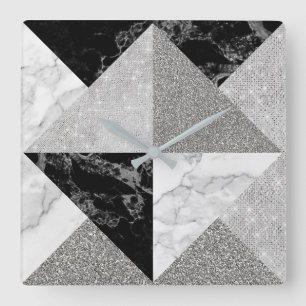 Black Silver Glitter Marble Gray Geometry Metallic Vierkante Klok