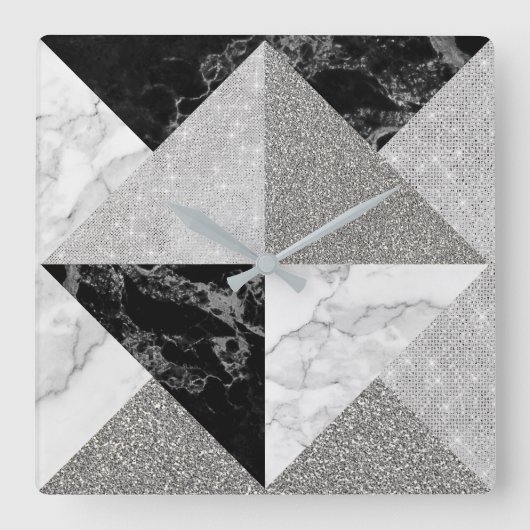 Black Silver Glitter Marble Grey Geometry Metallic Vierkante Klok (Voorkant)