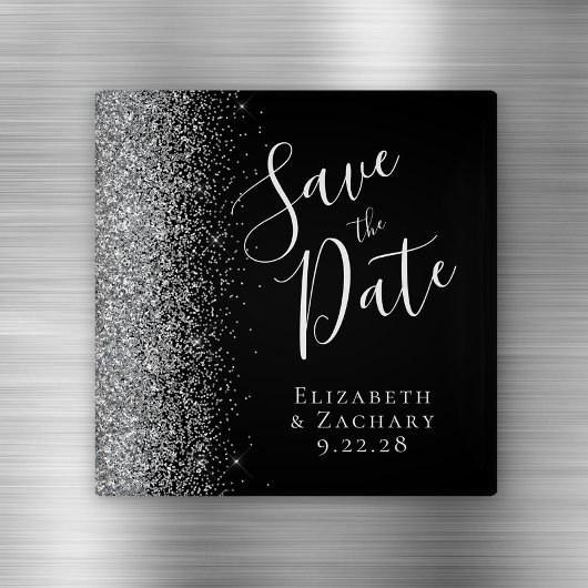 Black Silver Glitter Script De datum opslaan Magneet