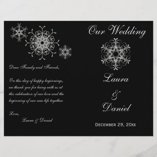 Black, Silver Glitter Snowflakes Wedding Programme (Voorkant)