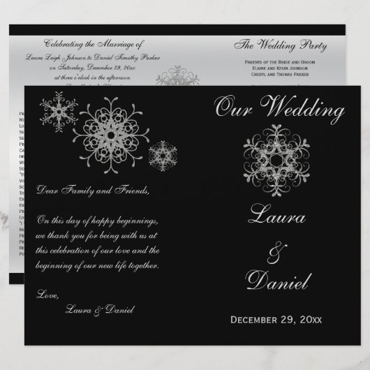 Black, Silver Glitter Snowflakes Wedding Programme (Voorkant / Achterkant)