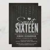 Black & Silver Glitter Sweet 16 Kaart (Voorkant / Achterkant)