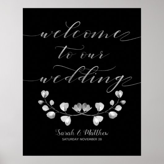 Black & Silver Greenery Welkom bij ons huwelijk Poster (Voorkant)