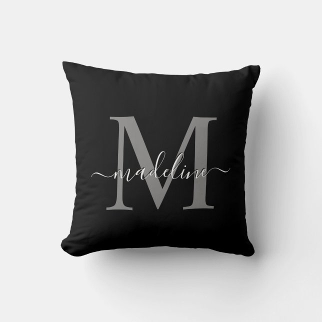 Black Silver Grey Elegant Script Monogram Kussen (Voorkant)
