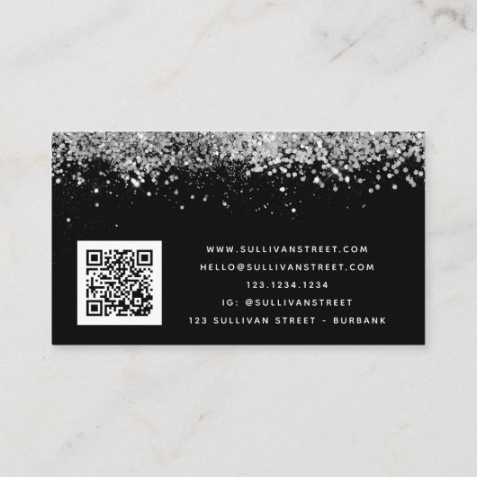Black Silver Holographic Glitter QR Code Visitekaartje (Achterkant)