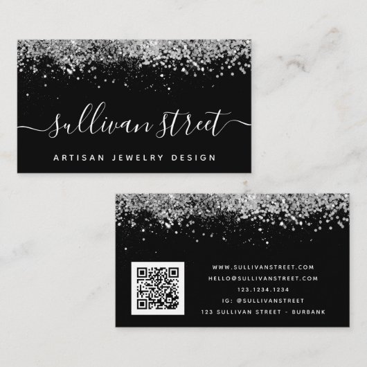 Black Silver Holographic Glitter QR Code Visitekaartje (Voorkant / Achterkant)