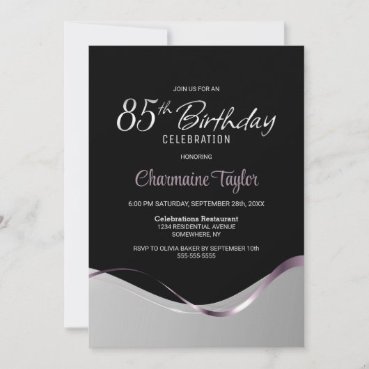 Black Silver Invitation de fête d'anniversaire 85e (Devant)
