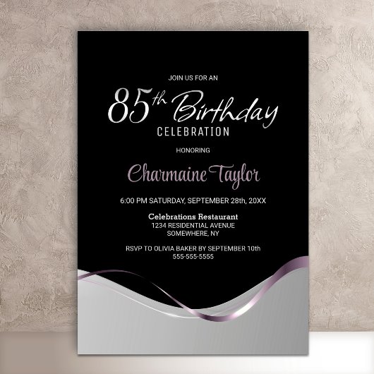 Black Silver Invitation de fête d'anniversaire 85e
